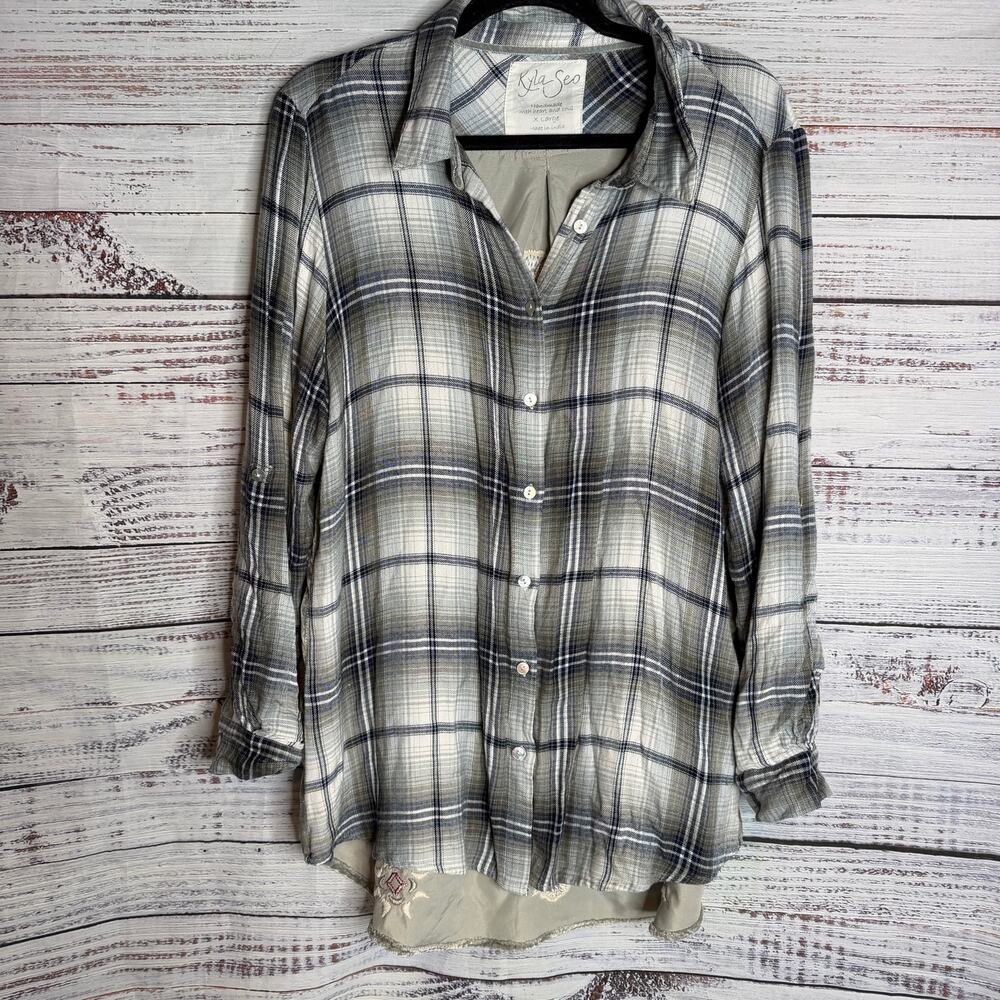 Kyla Seo XL Plaid Embroidered Velvet Back Button Down Tunic Shirt Boho
